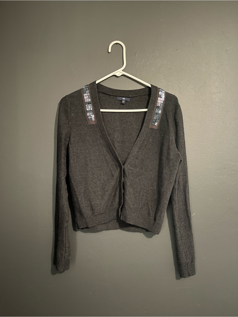 GAP Dark Charcoal Embellished V-Neck Cashmere Blend Cropped Cardigan